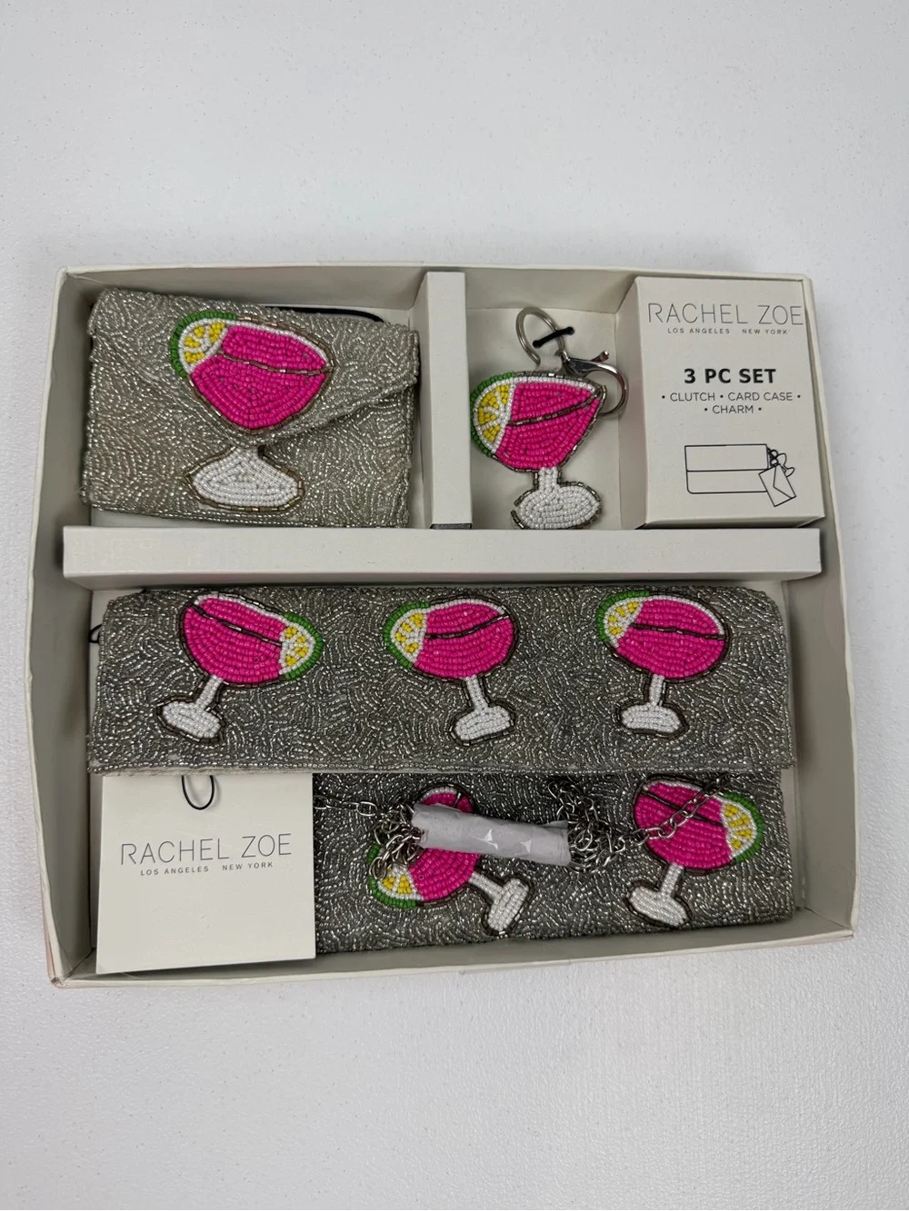NWT‎ $98 Rachel Zoe 3 Pc Set Beaded Pink Margarita Silver Clutch Card Case Charm